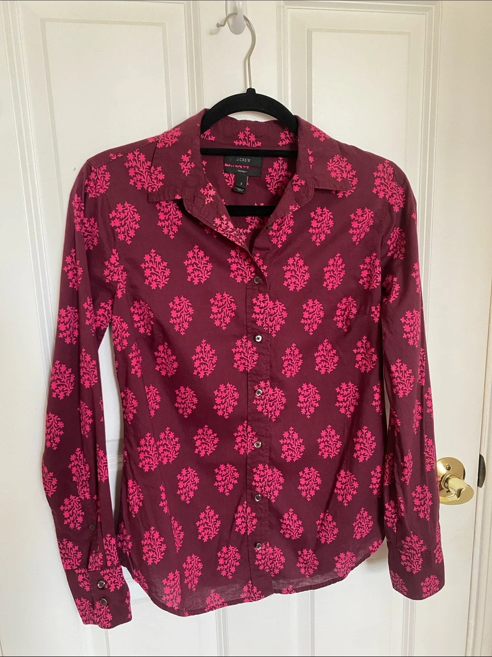 J. Crew Perfect-Fit Women’s Cotton Shirt, Plum with Fuchsia Floral Print Size 2